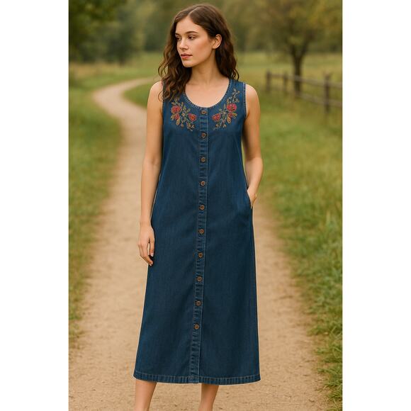 VTG White Stag SZ M 8/10 Embroidered Denim Button Front Tank Maxi Dress Pockets - Picture 2 of 6